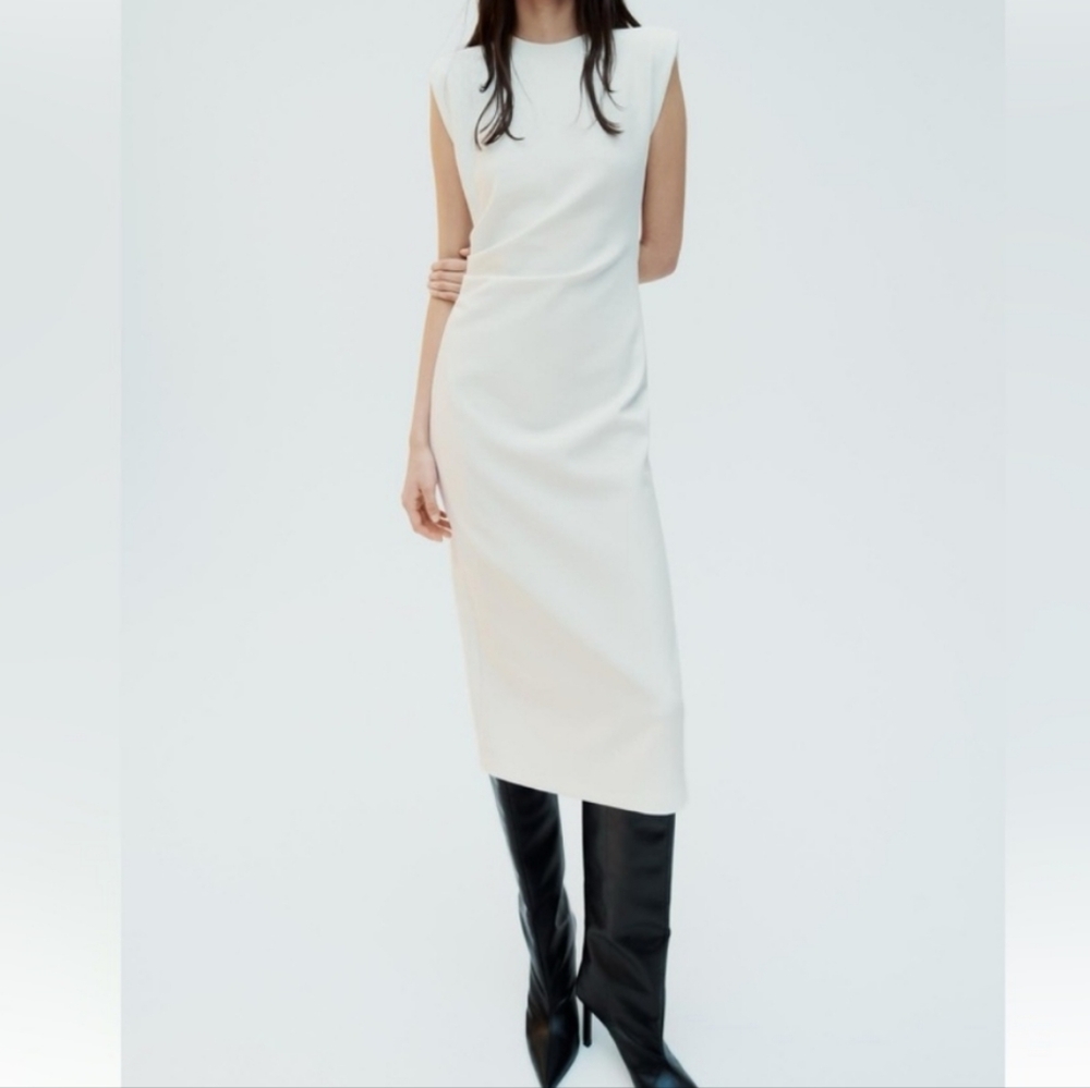 NWT Zara Crepe Shoulder Pad Midi Dress, Size L